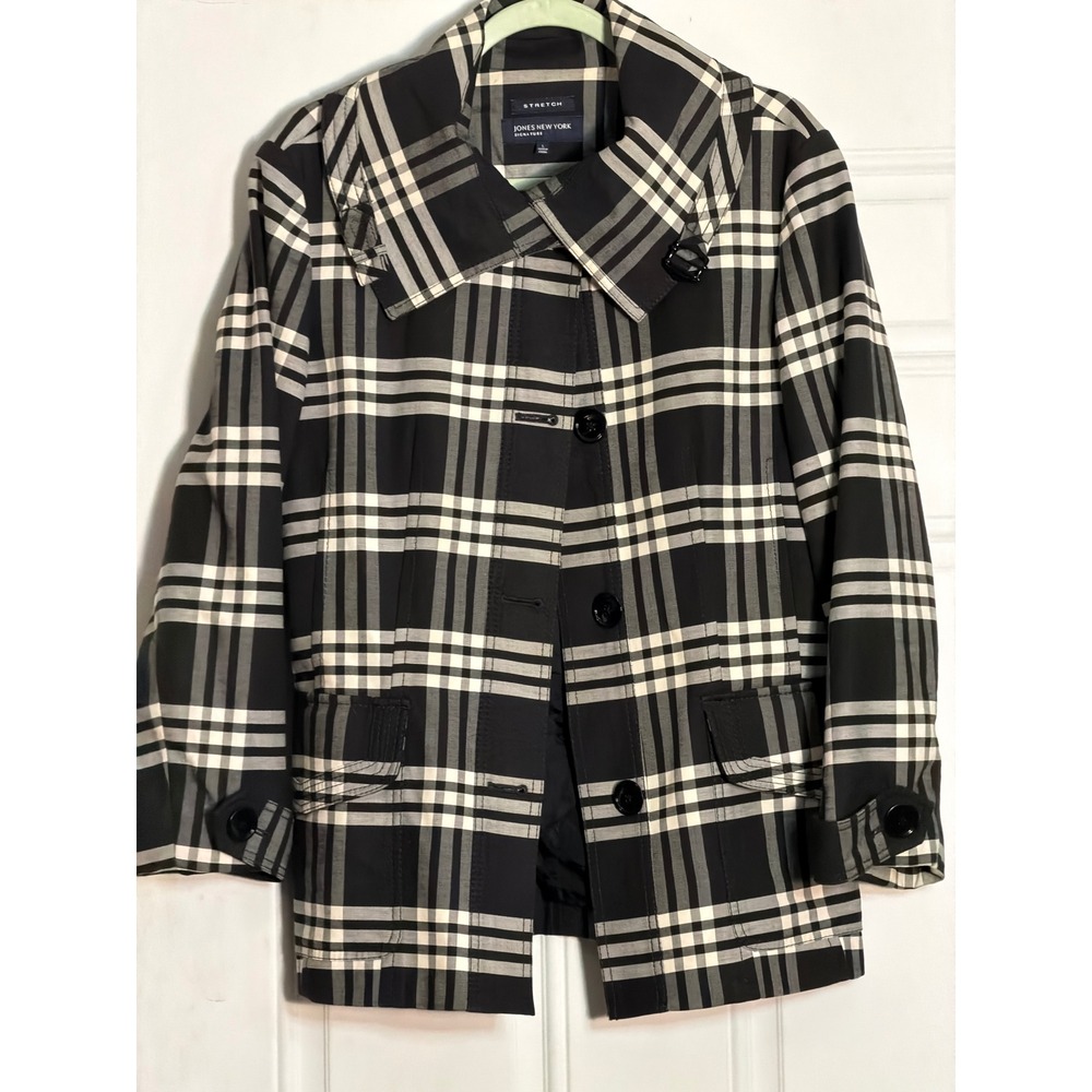 Jones New York Signature Plaid Jacket Black White Grey Stretch Large